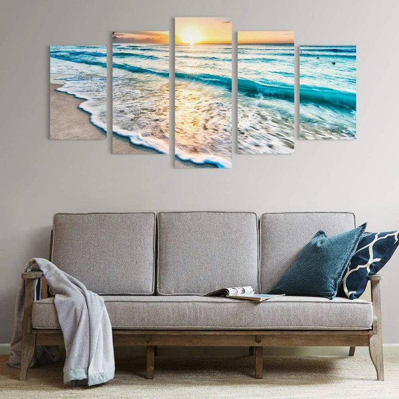 Sett med 5 dekorative lerretsbilder med havlandskap og strandmotiv
