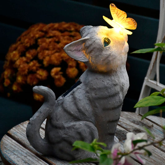 Norvo | Katt Hage Figurer Utendørs Dekor Solstatue Med Led Lys For Patio Plen Hagekunst Dekorasjon Innflyttingsgave Hagegave (Grå-1)