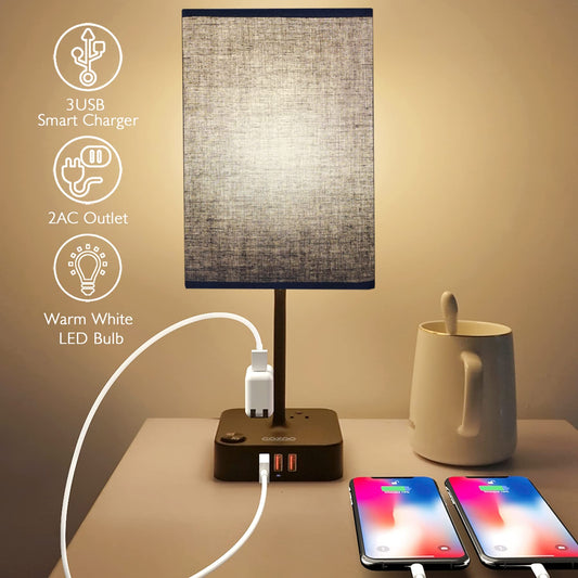 Norvo | Cozoo Usb Sengbord Skrivebord Lampe Med 3 Usb Ladingporter Og 2 Stikkontakter Strømskinne, Svart Laderbase Med Hvit Tekstilskygge, Led Lys For Soverom/Nattebord/Stue (Svart)