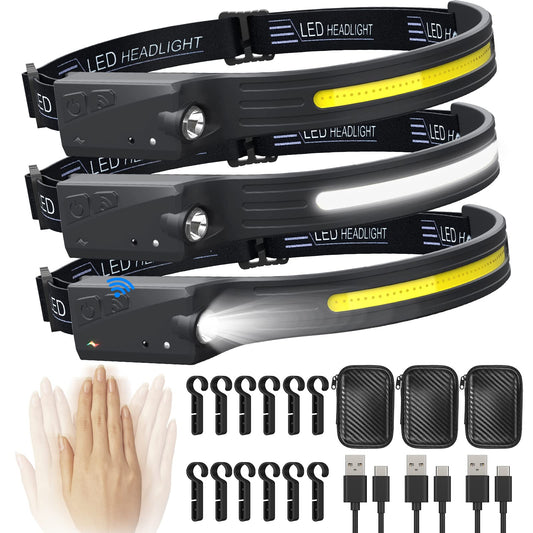Norvo | Qtree Intelligence 3Pcs Rechargeable Headlamp, 5 Modes Led, Motion Sensor, Ipx4, 230° Wide Beam