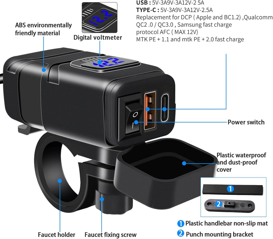 Skanto | Motorsykkel USB- og Type-C Hurtiglader med Voltmeter – Drayvik