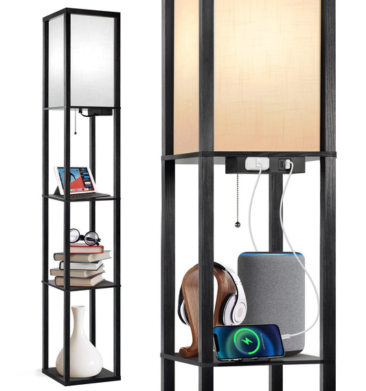 Norvo | Outon Led Gulvlampe Med Hyller Med 1 Usb & 1 Type C Porter, 1 Ac Utgang, 3 Fargetemperatur, Oppbevaringsutstilling Trekolonne Høy Stående Lampe For Stue, Soverom Kontor, Svart