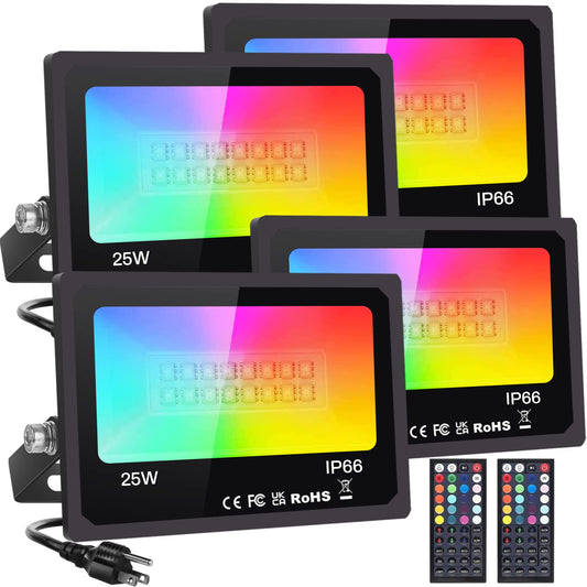 Norvo | Monococo 25W Rgb Led Flomlys 4 Pakke, Vanntette Fargeendrende Lys Med Fjernkontroll