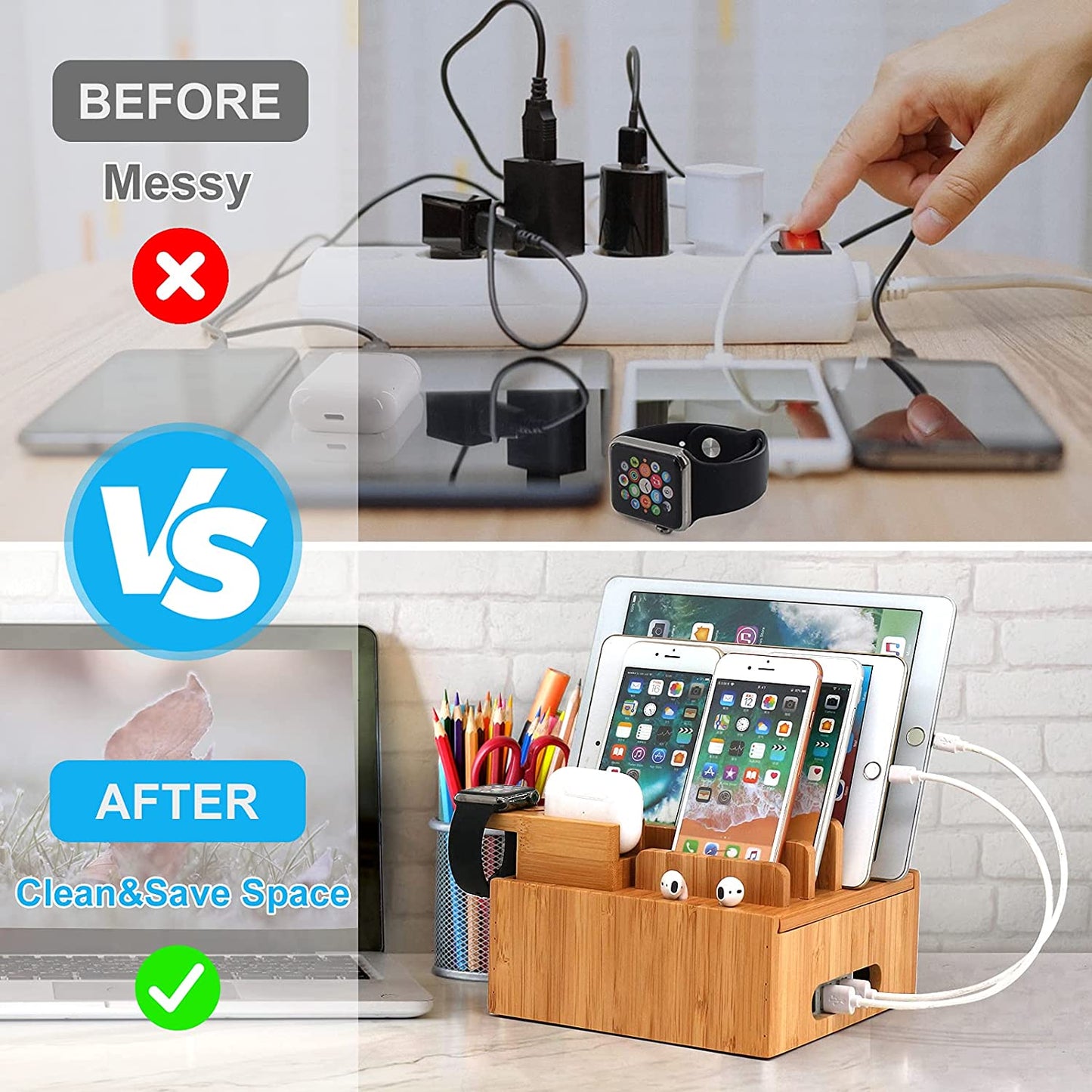 Norvo | Tekavo ChargeDock LadeStasjon laget av Bambus | 5-Port USB & Organizer | For Smarttelefon, Nettbrett & Smartklokke | Inkl. Kabelsett