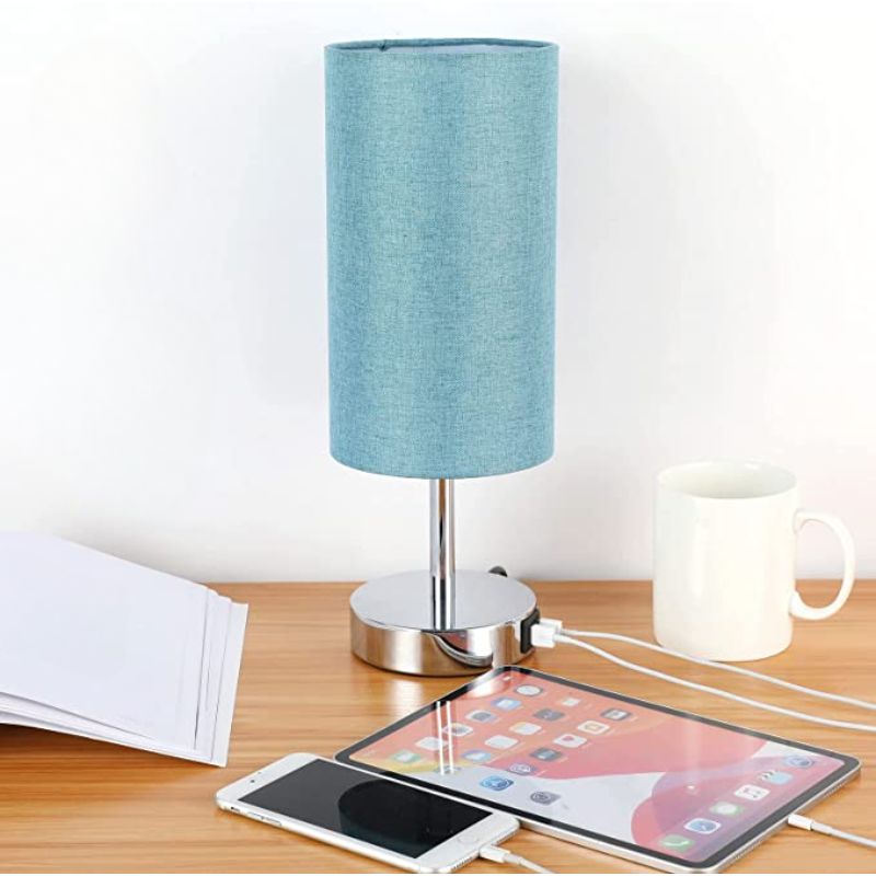 Skanto | Lampe med USB-tilkobling Berøringskontroll Bordlampe for Soverom Tre 3-trinns dimbar Sengelampe med Rund Linestoffskjerm for Stue, Studenthybel, Hjemmekontor