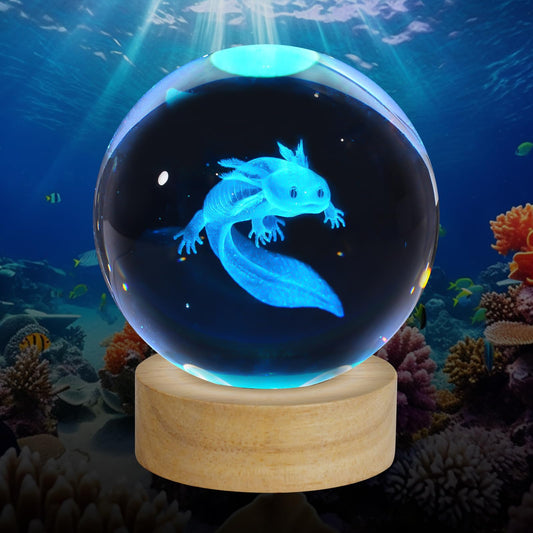 Norvo | Zxblaq 3D Axolotl Krystallball Nattlampe, Oppgradert 3,15 Tommers Glassballampe Med 16 Farger Led Trebase, Axolotl Dekor Birt