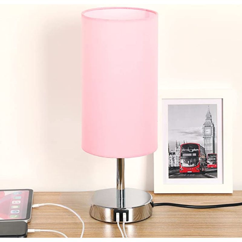 Skanto | Lampe med USB-tilkobling Berøringskontroll Bordlampe for Soverom Tre 3-trinns dimbar Sengelampe med Rund Linestoffskjerm for Stue, Studenthybel, Hjemmekontor