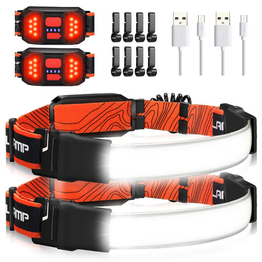 Norvo | Hopedone Oppladbar Hodelykt 1000 Lumens, 230° Vidvinkel, Vanntett, 2-Pack, Oransje