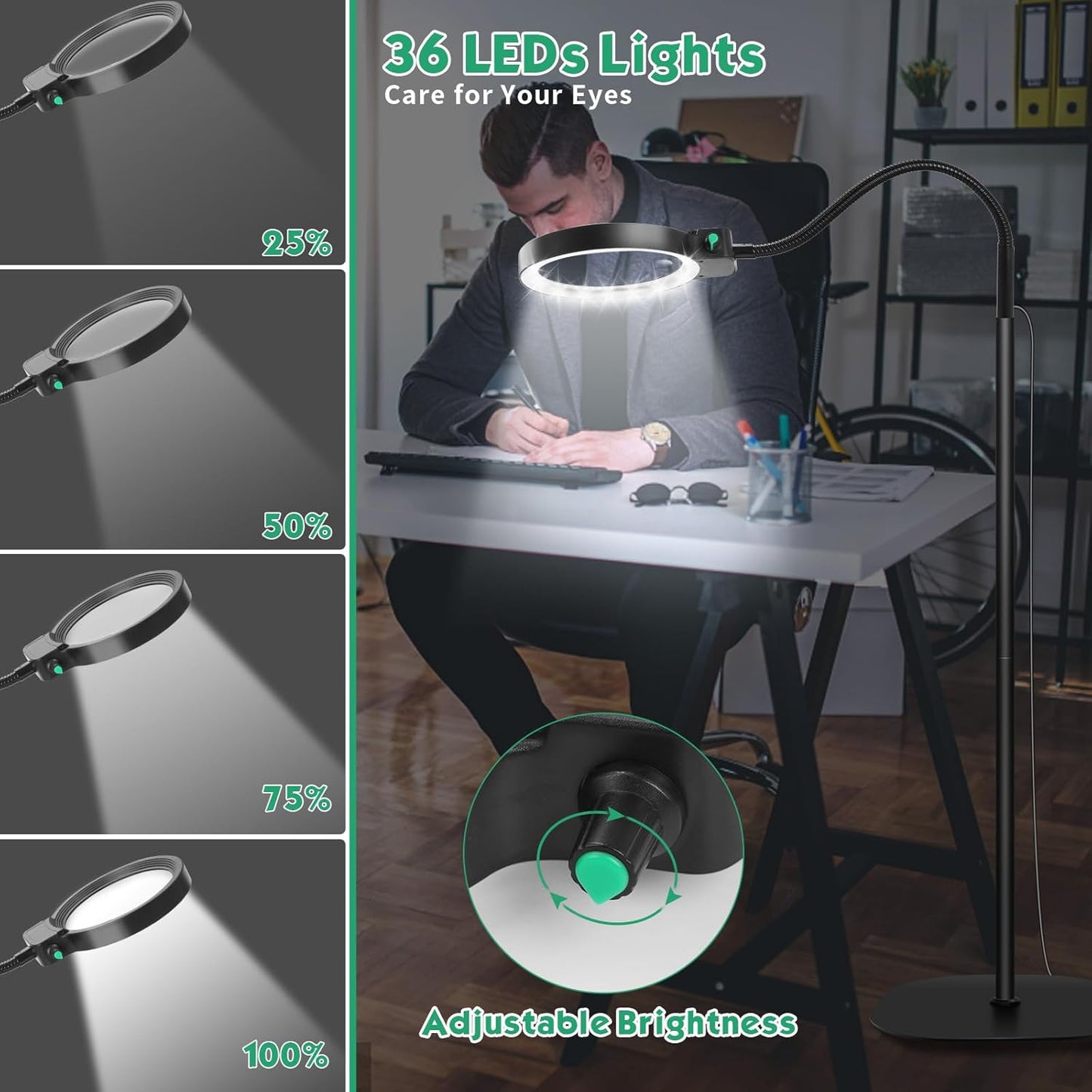 Norvo | Full-sides forstørrelsesglass med LED-lys – Håndfri lesehjelp for bøker, håndverk og hobbyer
