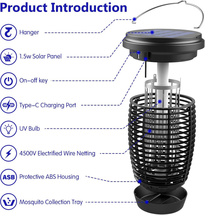 Skanto | Solar Bug Zapper 2-i-1 Myggdreper Lampe – 4500V Innendørs & Utendørs Fluefelle