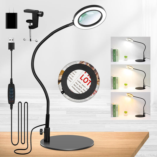 Norvo | Kmdes 10x Forstørrelsesglass Med Lys Og Stativ, 2-I-1 Forstørrelseslampe Med Lys, 3 Farger & 10 Lysstyrkenivåer LED- Belyst Forstørrelsesglass Hender Frie For Hobby Håndverk Forlenget Gåsehalelys