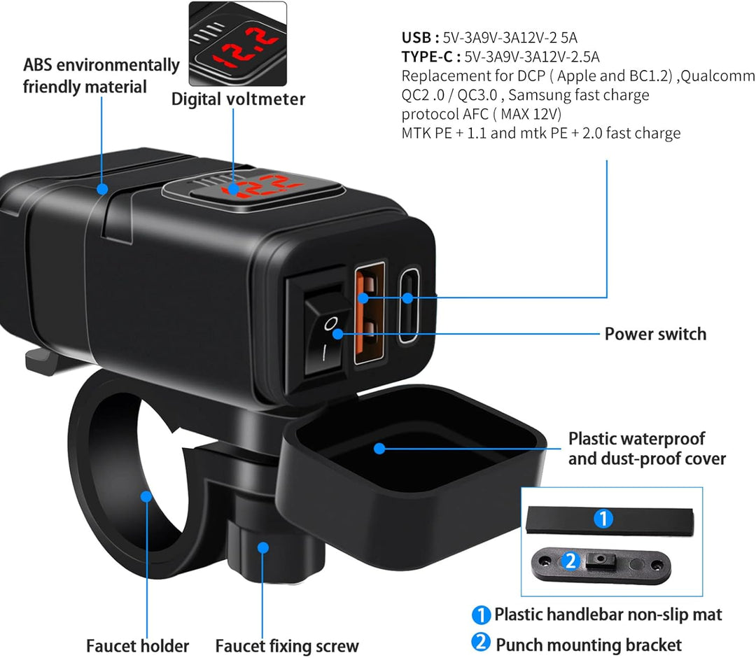Skanto | Motorsykkel USB- og Type-C Hurtiglader med Voltmeter – Drayvik