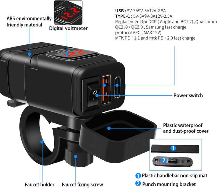 Skanto | Motorsykkel USB- og Type-C Hurtiglader med Voltmeter – Drayvik