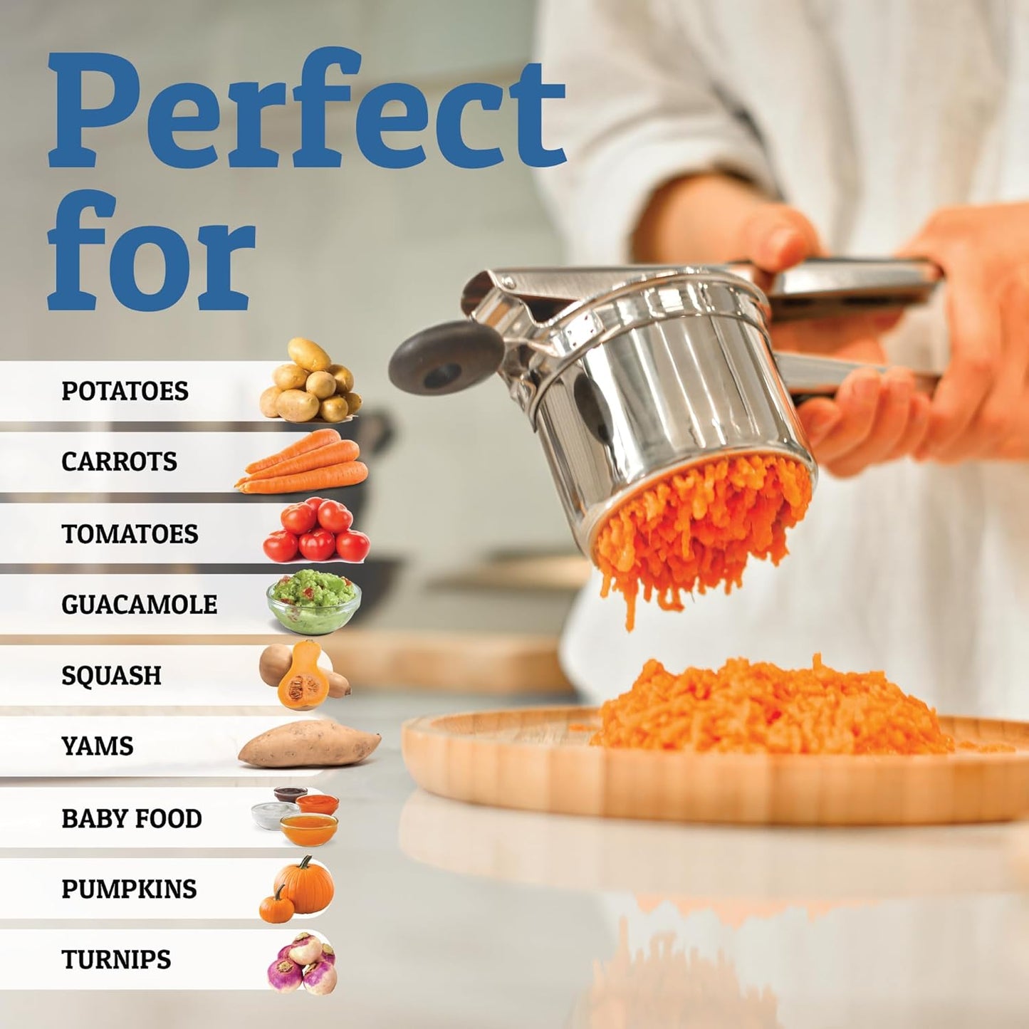 Norvo | PureMasher Pro Rustfritt Stål Potetmoser 15oz | Ekstra Stor Kapasitet | For Potetmos, Grønnsaker & Frukt | Klumpfri & Holdbar