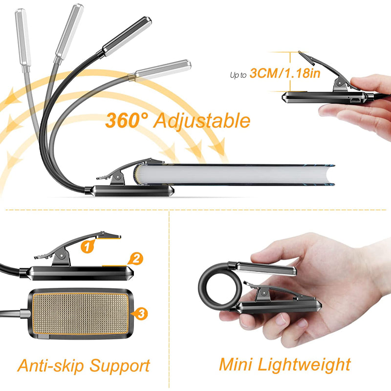 Kjøp 9 LED USB oppladbar leselampe for lesing i Sengen - øyevennlig, trinnløs dimbar | Lite lett clip leselampe
