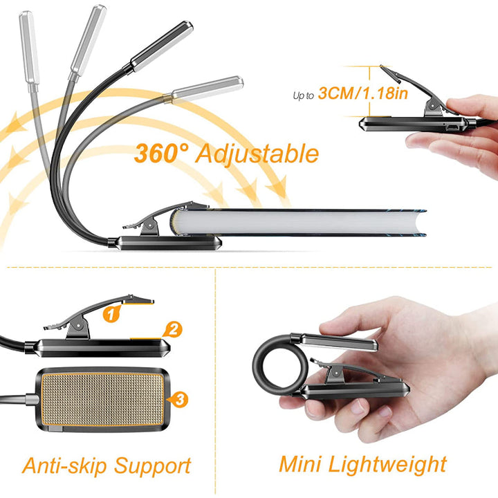 Kjøp 9 LED USB oppladbar leselampe for lesing i Sengen - øyevennlig, trinnløs dimbar | Lite lett clip leselampe