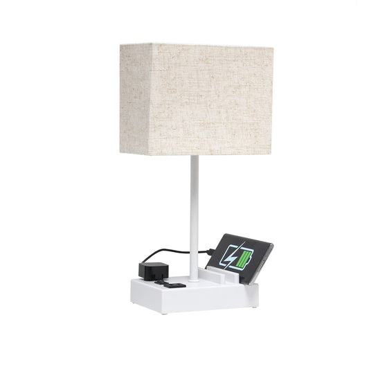 Norvo | Enkle design Lt1110-Bgw 15,3" Høy moderne rektangulær flerbruks 1 Lt nattbord skrivebord lampe med 2 USB-porter og ladeuttak med beige tekstilskjerm for soverom, stue, hybel, kontor, nattebord, hvit