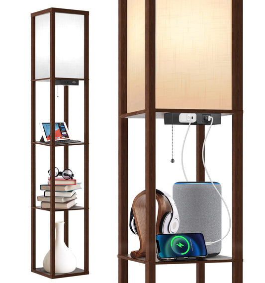 Norvo | Outon Gulvlampe Med Hyller, Led Moderne Hyggelampe Med 2 Usb-porter & Strømuttak, 3 Fargetemperaturer, Oppbevaringsdisplay Tre Kolonne Stående Høy Lampe For Stue, Soverom, Kontor, Valnøtt