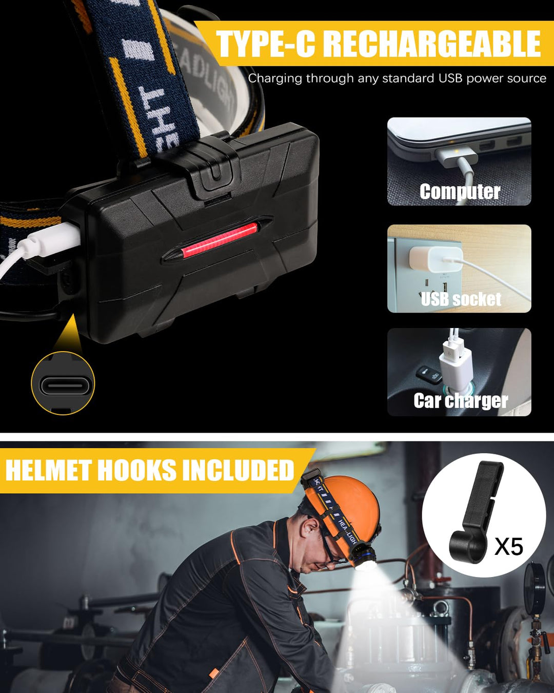 Skanto | Ochter 18000 Lumen Oppladbar Hodelykt, 8 Moduser, Vanntett, Usb, Røde & Hvite Lys