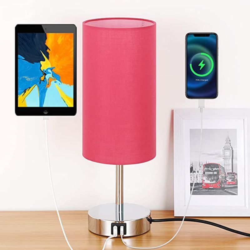 Skanto | Lampe med USB-tilkobling Berøringskontroll Bordlampe for Soverom Tre 3-trinns dimbar Sengelampe med Rund Linestoffskjerm for Stue, Studenthybel, Hjemmekontor