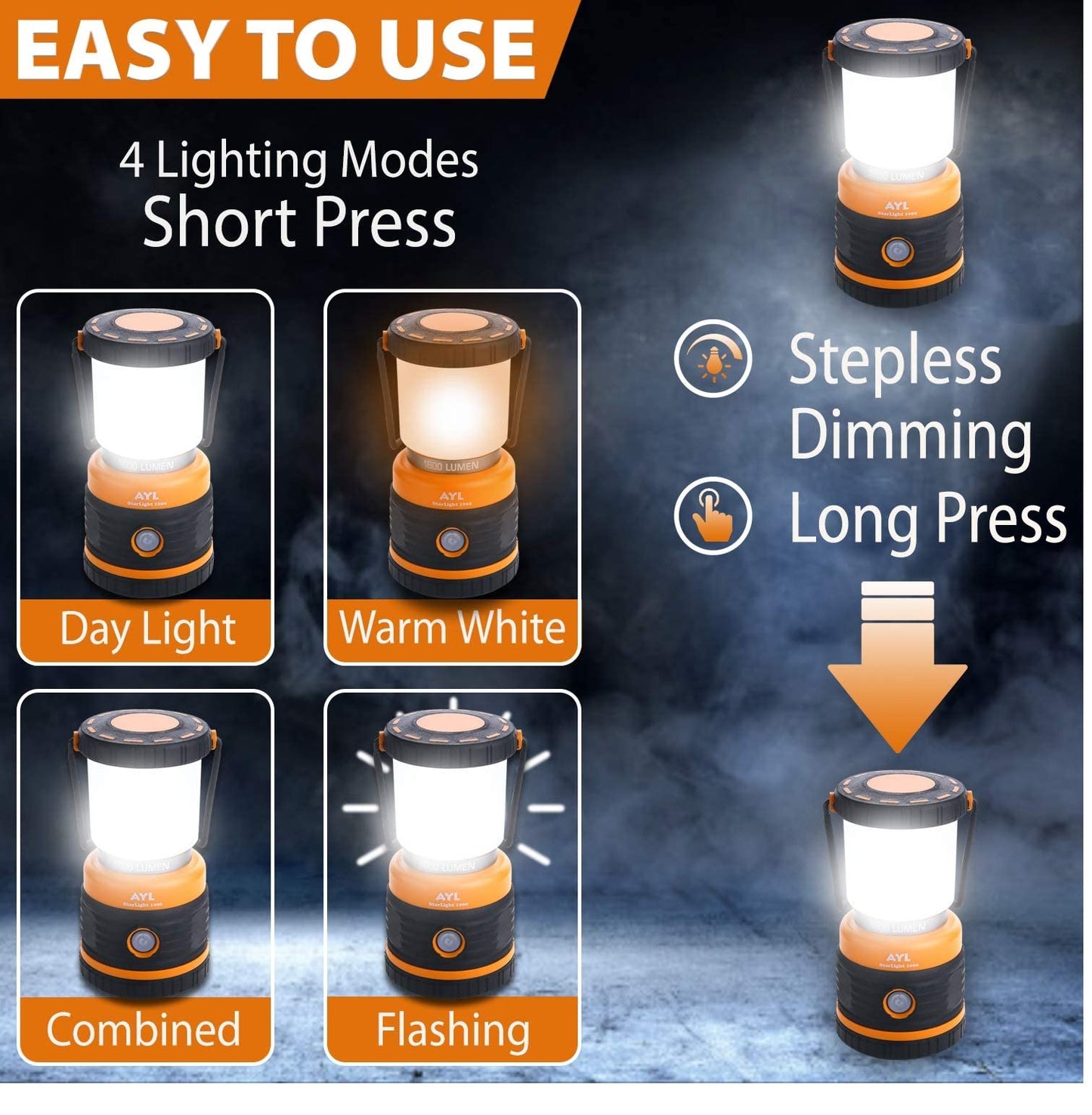 Norvo | Ayl LED Campinglampe 1800Lm, Oppladbar, 4 Lysmoduser, Vanntett, 4400Mah Power Bank -