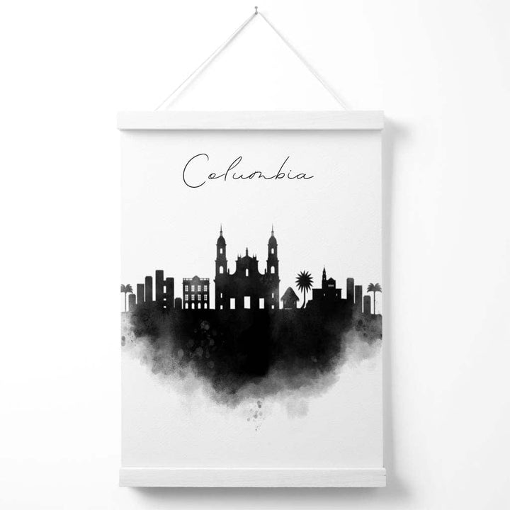 Columbia akvarell plakat med bysilhuett og oppheng