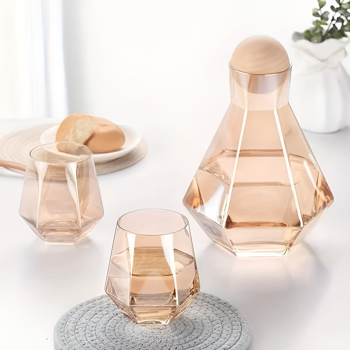 Diamant glass bilkarafels sett med 4 glass – moderne og dekorativ | 5-delt sett med lokk for vann, juice og vin | Skanto