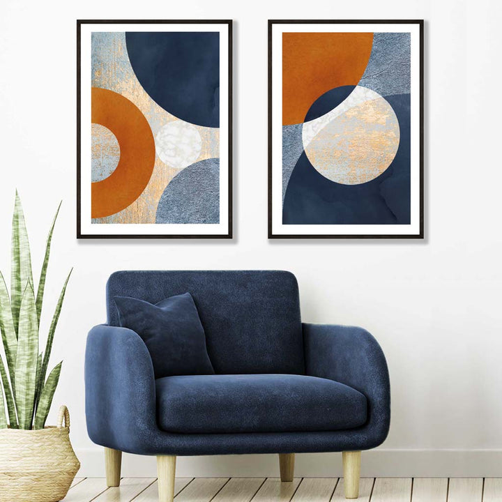 Sett med 2 kunsttrykk i blandede medier i blått og oransje