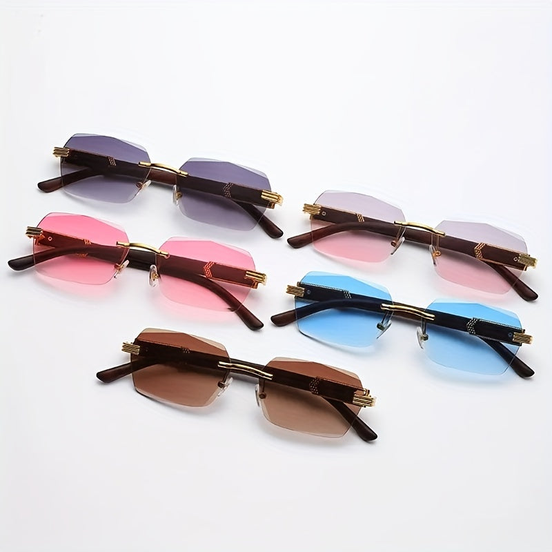 Rimless sunglasses with rectangular lenses and faux wood temples – Verro | Skanto