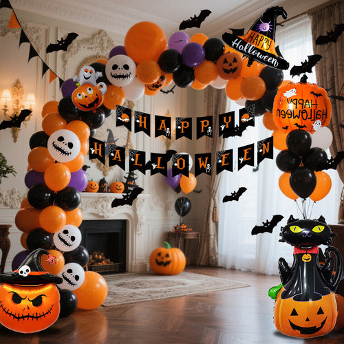 Skanto | Halloween Ballongssett – Svart Oransje Lilla med Gresskartrykk