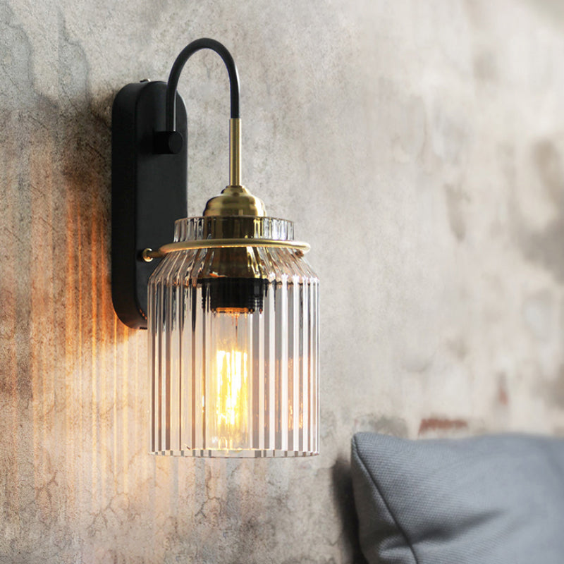 Clear Prismatic Glass Can Shape Sconce Farmhouse 1 Bulb Bedside Wall Mount Light in Black | Skanto