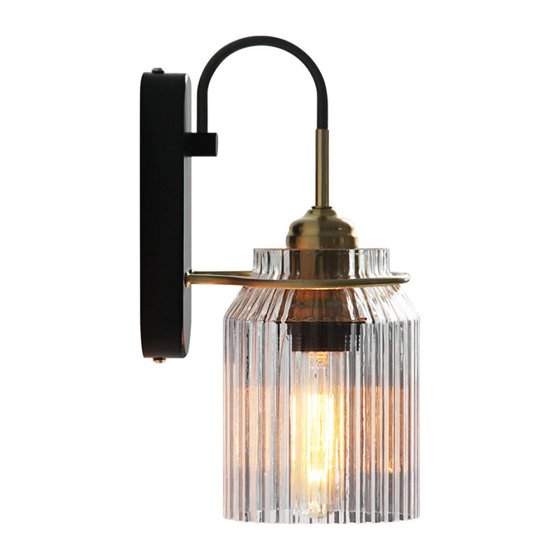 Clear Prismatic Glass Can Shape Sconce Farmhouse 1 Bulb Bedside Wall Mount Light in Black | Skanto