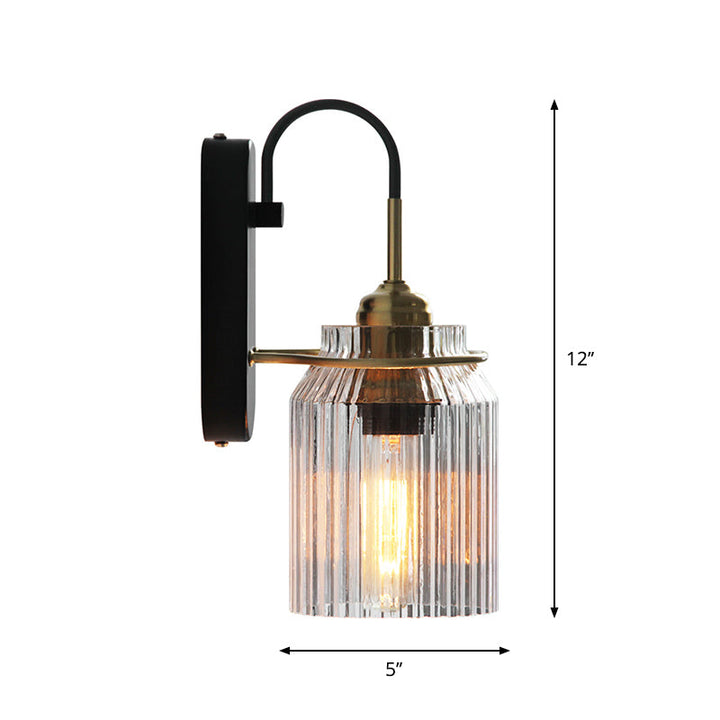 Clear Prismatic Glass Can Shape Sconce Farmhouse 1 Bulb Bedside Wall Mount Light in Black | Skanto