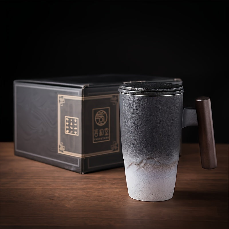 Skanto | TeaCraft Keramisk Kopp | Håndlaget | Med Te Filter og Trehåndtak | Retro Design