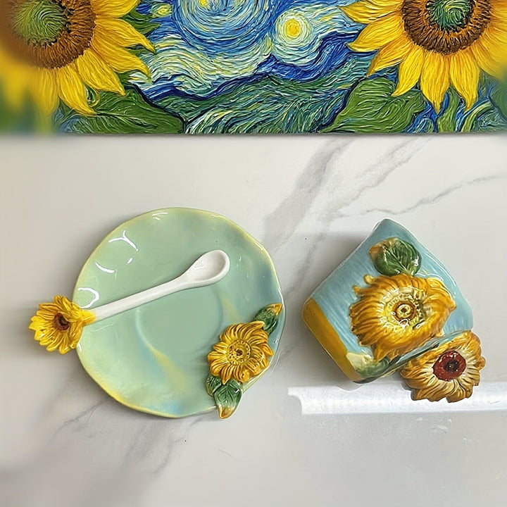 ArtSip Keramikkopp & Underskål Sett – Håndmalte 3D-design inspirert av Van Gogh | Skanto