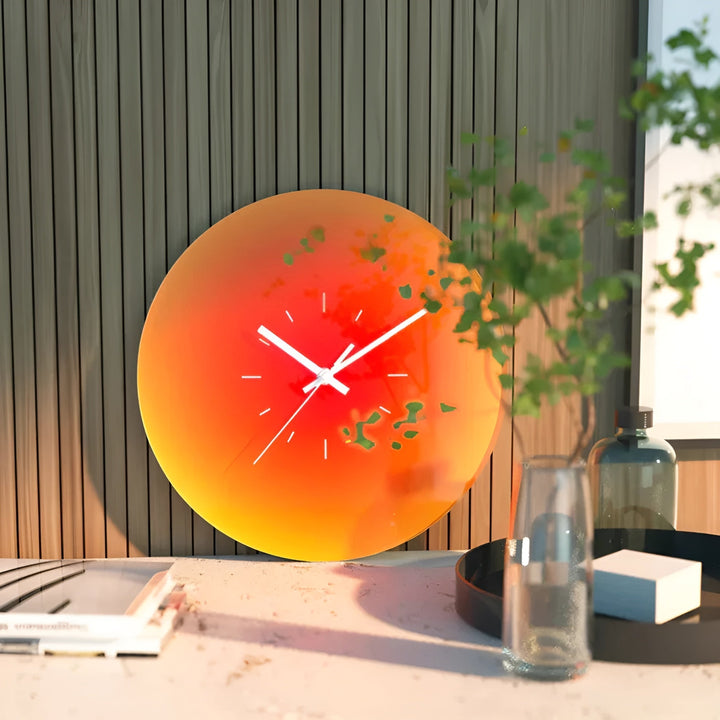 Glassveggklokke – Moderne design med solnedgangsmotiv