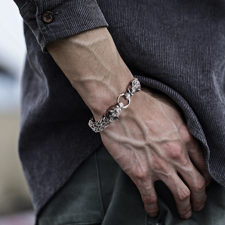 Skanto | Viking Rustfritt Stål Dobbel Ulvehode Fenris Armbånd