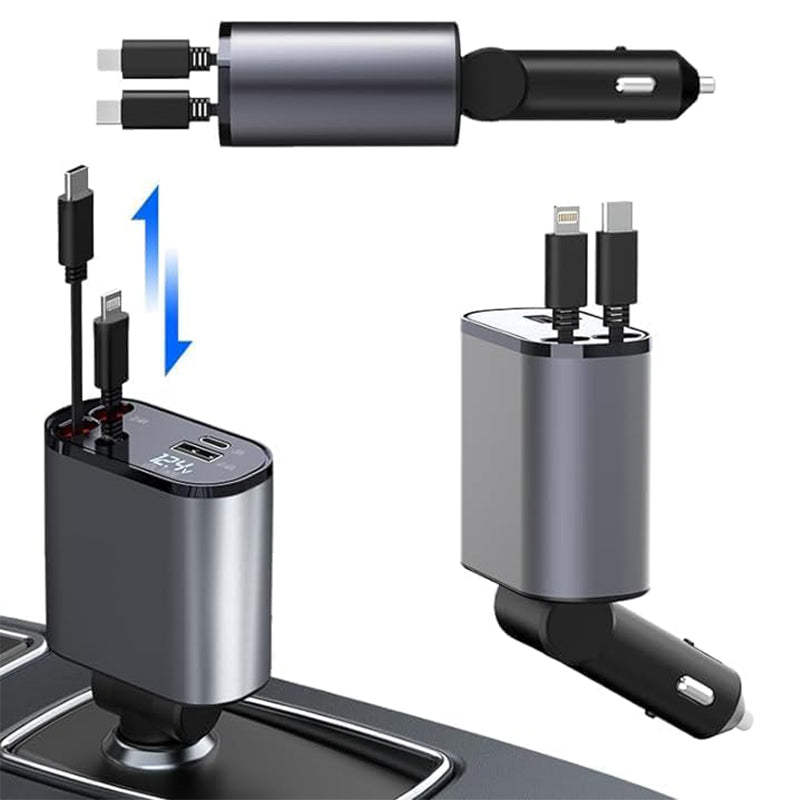 4-i-1 Bil Charger med Uttrekkbar Kabel | Skanto