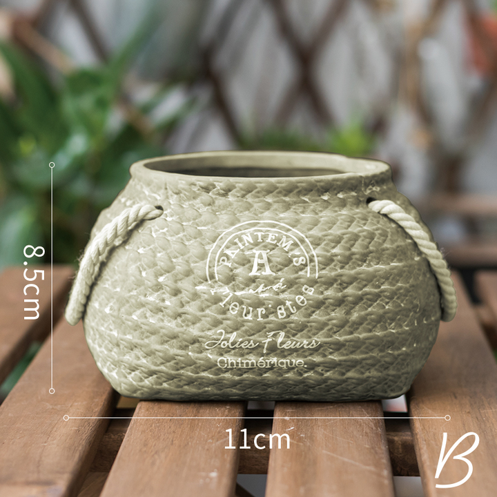 Skanto | Keramisk Blomsterpotte i Hamp Bag Design med Tauhåndtak – Dekorativ Blomsterpotte for Hage og Hjem
