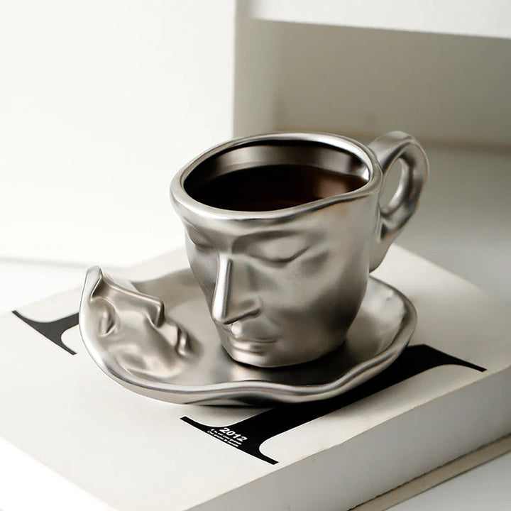 Metall Berørende Ansikt Kreativ Keramikk Kyss Kaffe Kopp, Kunstnerisk Stemning Mugge & Underkop Sett | Skanto