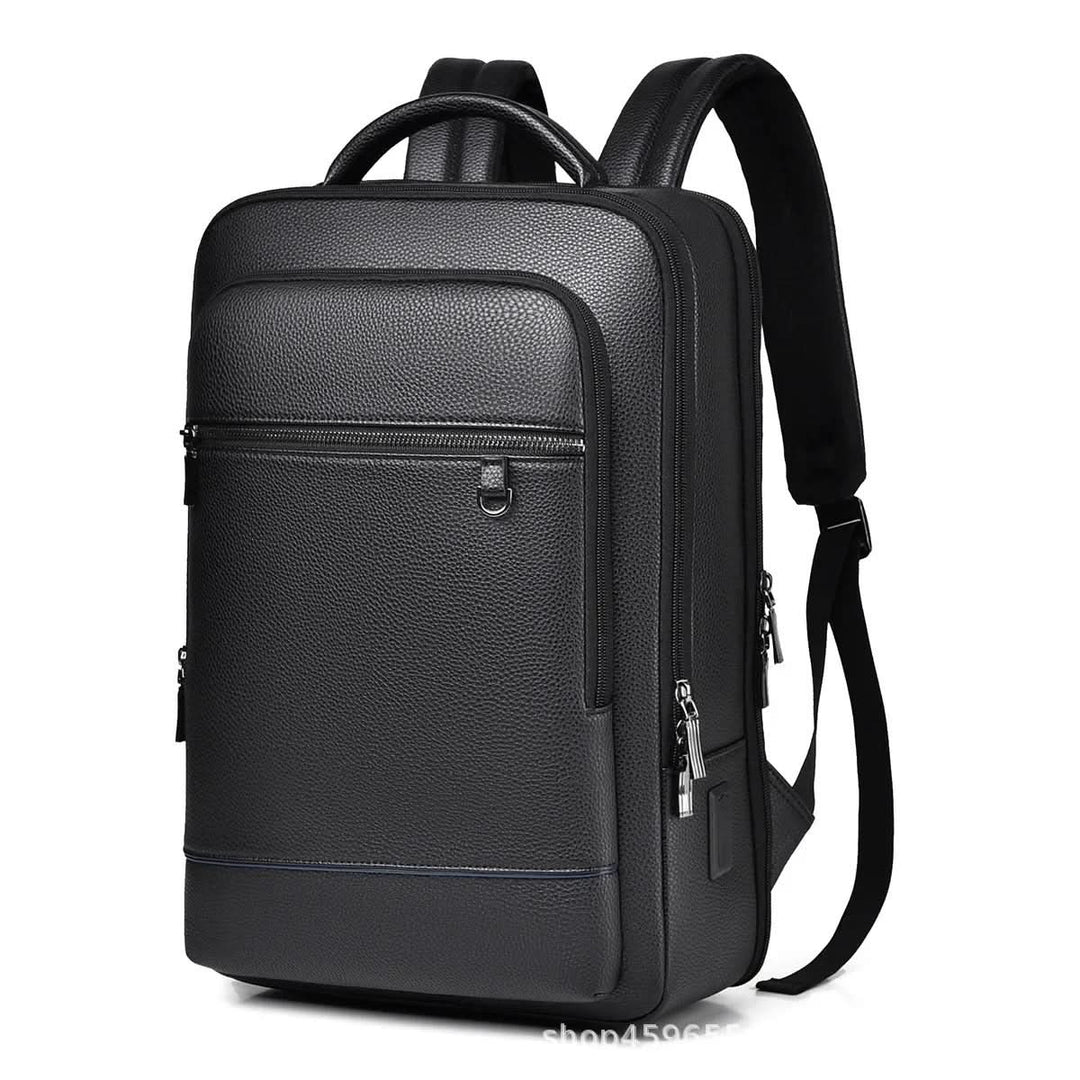 Skanto | Elegant lær ryggsekk for menn/kvinner med USB-port for laptop og hverdagsbruk, 15,6 tommer, svart