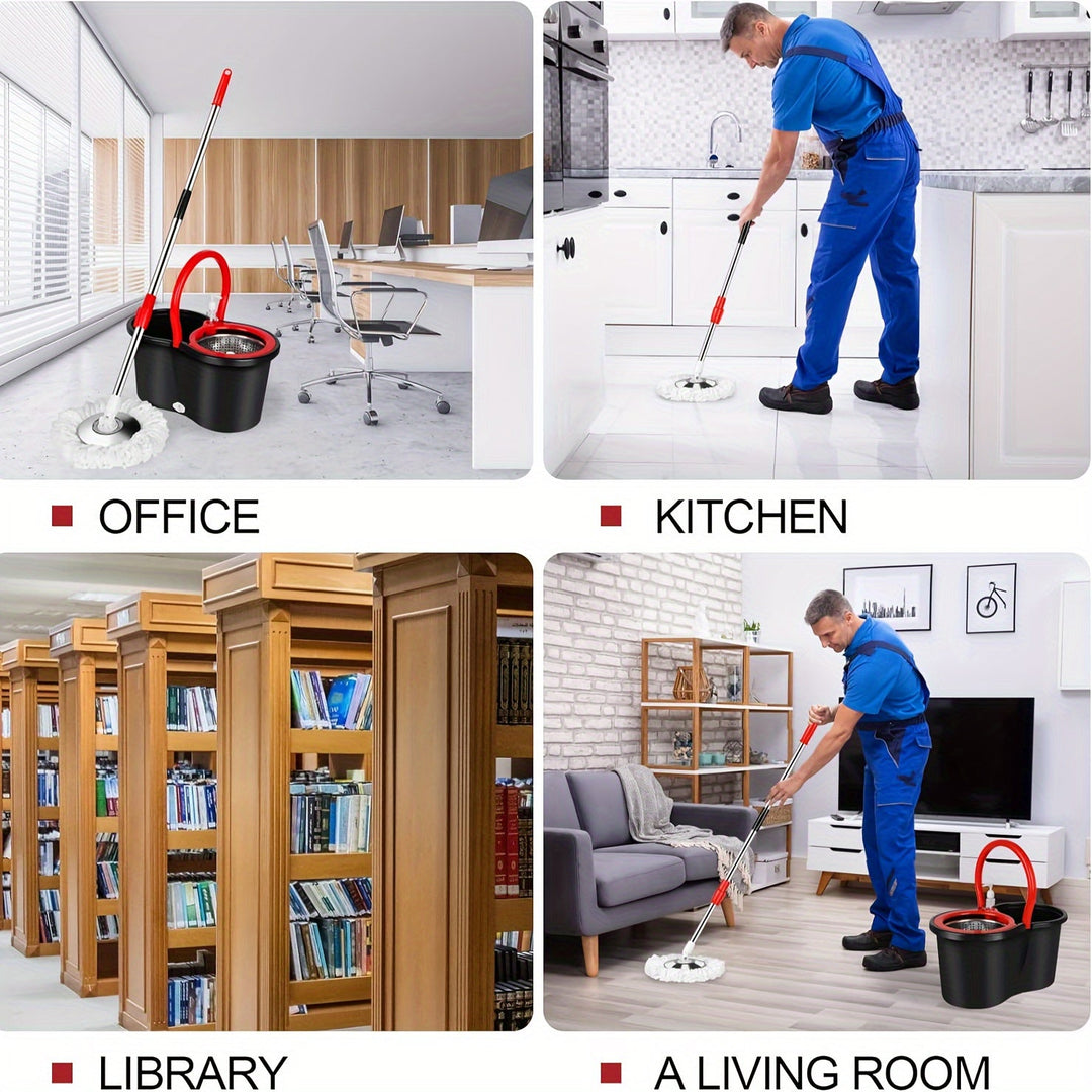 Norvo | Spin-mopp og bøtte sett med presse – 360° roterende mopp-system, inkluderer 3 mikrofiber-mopp hoder og 61" justerbart rustfritt stål håndtak – Ideell for gulvrengjøring i bad og skoler
