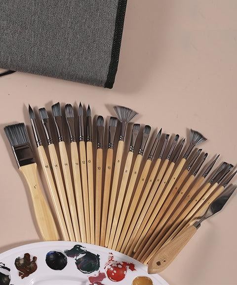 Skanto | Kunstnerpenselsett | 24 Nylonpensler med 7 former & palettkniv | Akryl, olje & akvarell
