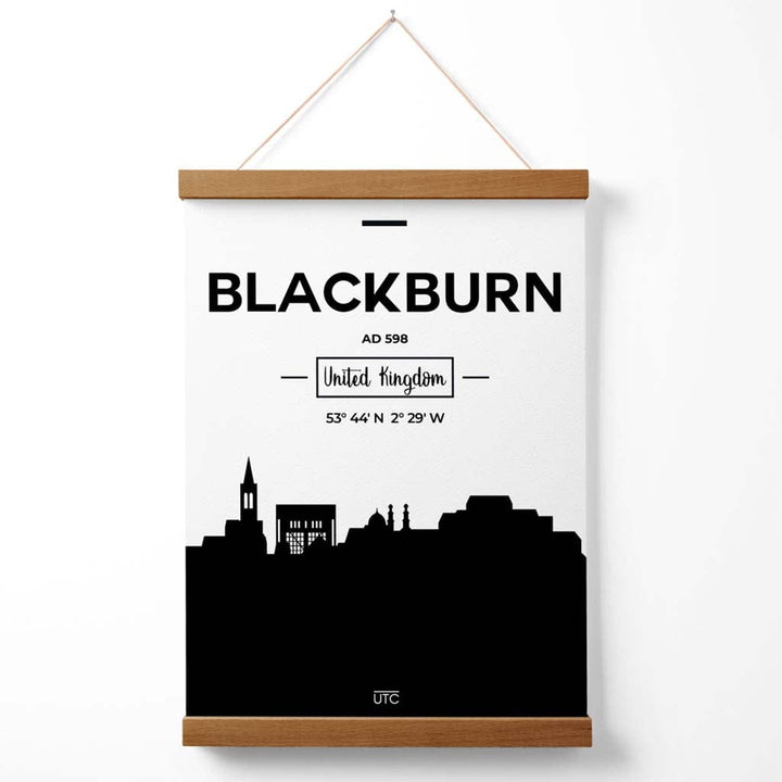Blackburn bybildeplakat i svart-hvitt med oppheng