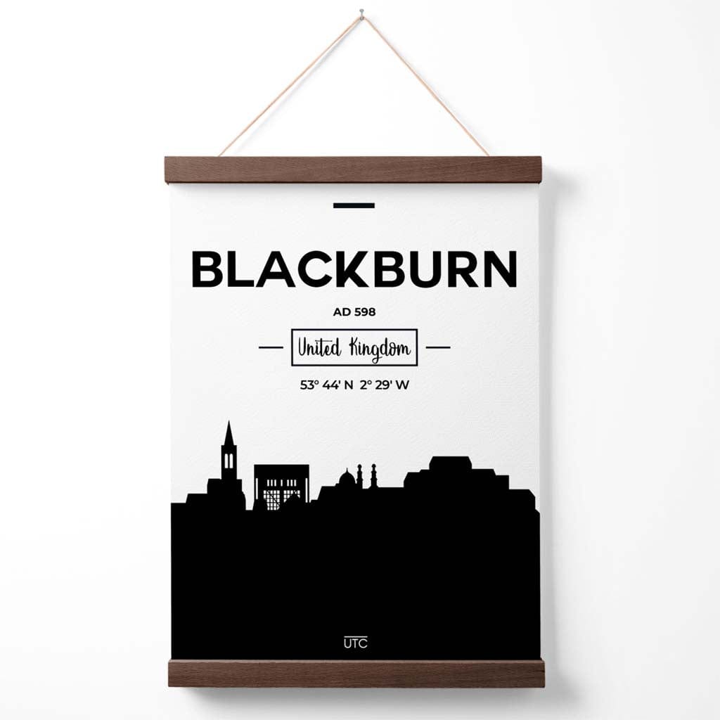 Blackburn bybildeplakat i svart-hvitt med oppheng