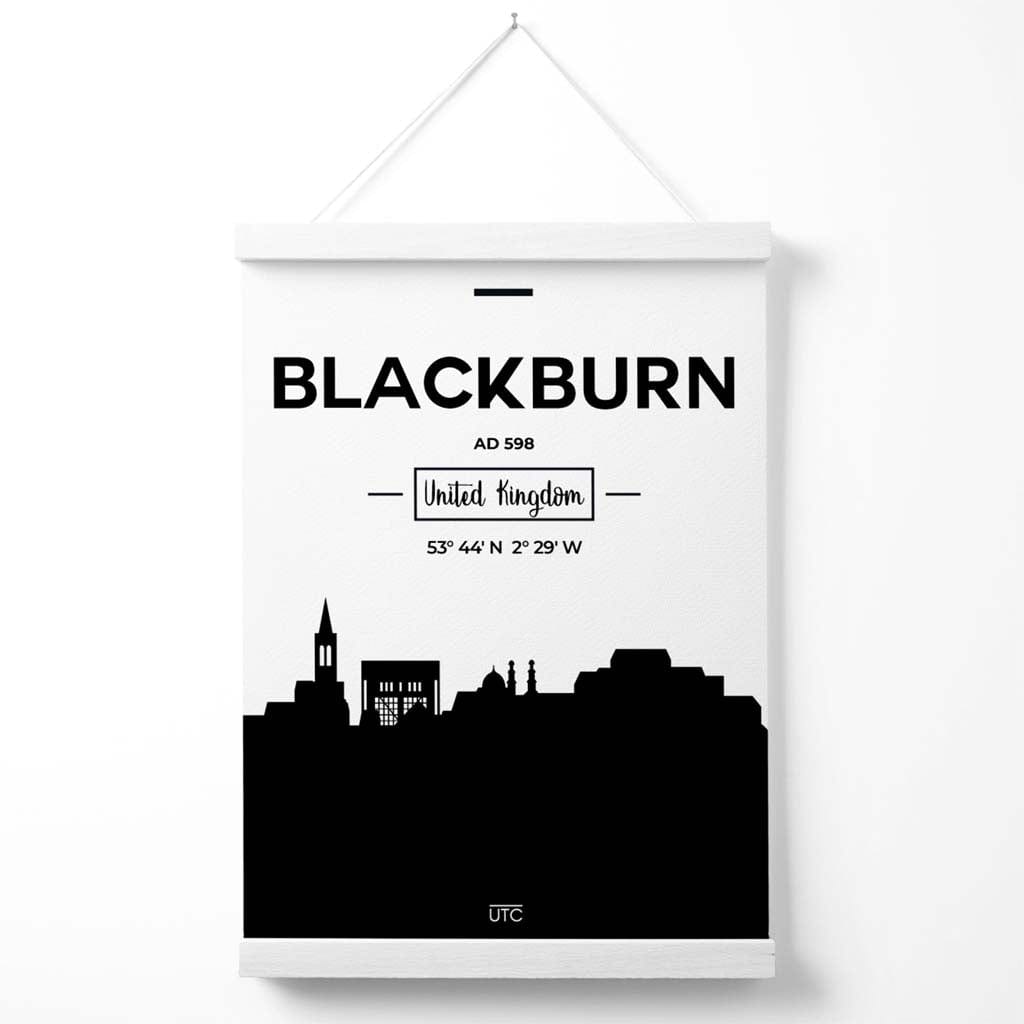 Blackburn bybildeplakat i svart-hvitt med oppheng