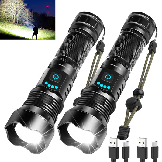 Norvo | Foleto 100000 Lumen Oppladbar Led Lommelykt - 5 Moduser, Vanntett, 2 Pakke, Taktisk