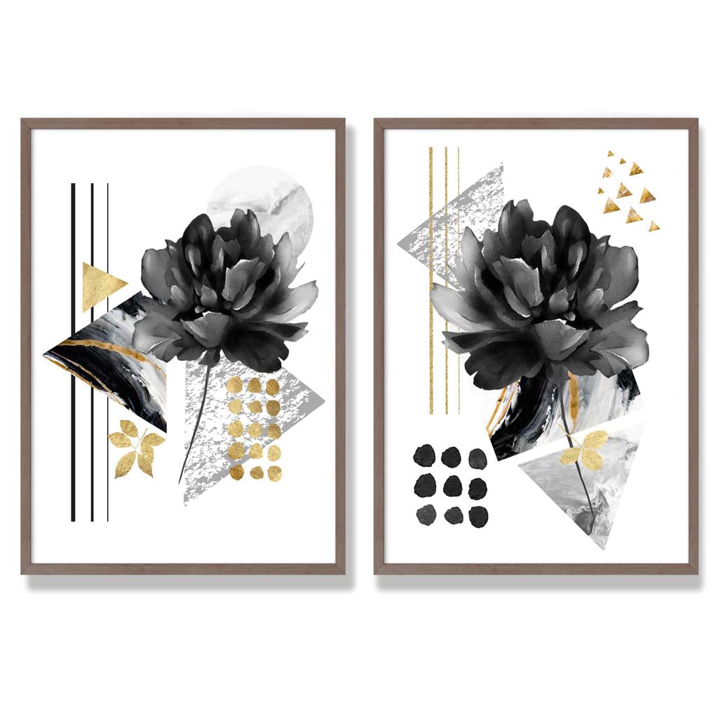 Moderne blomstermotiver, sett med 2 kunsttrykk i svart og gullramme