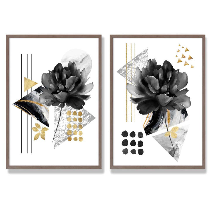 Moderne blomstermotiver, sett med 2 kunsttrykk i svart og gullramme