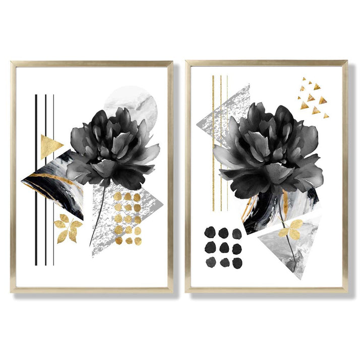 Moderne blomstermotiver, sett med 2 kunsttrykk i svart og gullramme